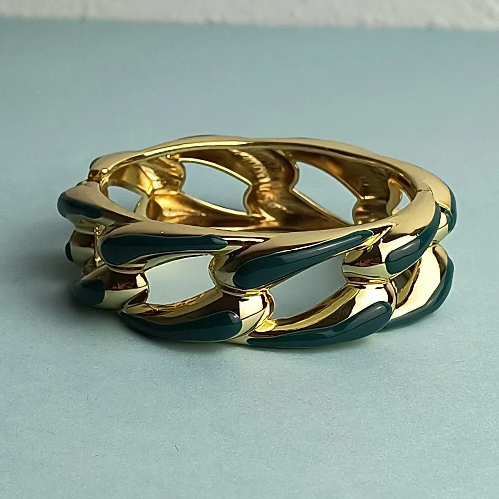 Statement Glam Chain Link Glaze Hinged Bangle Bracelet Oval Emeral Green Gold…